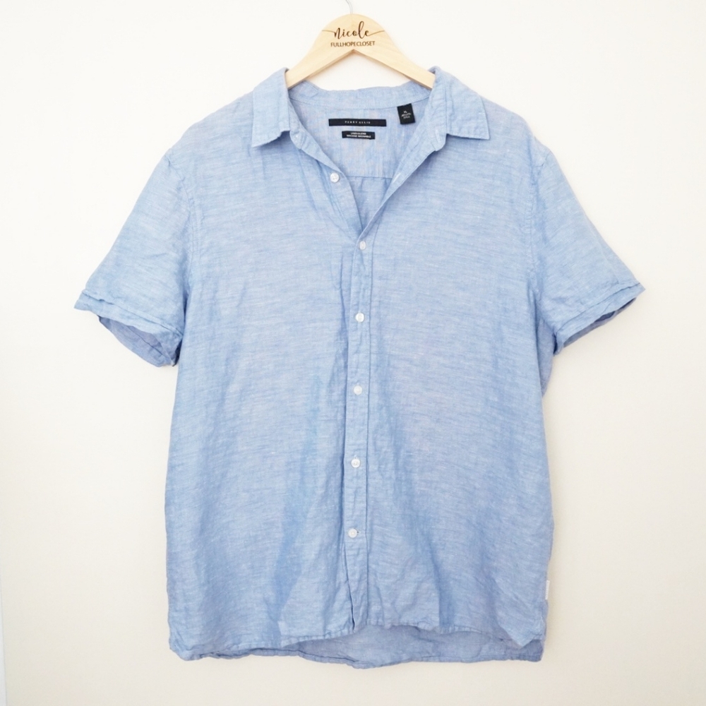 3/$15 Perry Ellis Linen Blue Button Short Sleeve